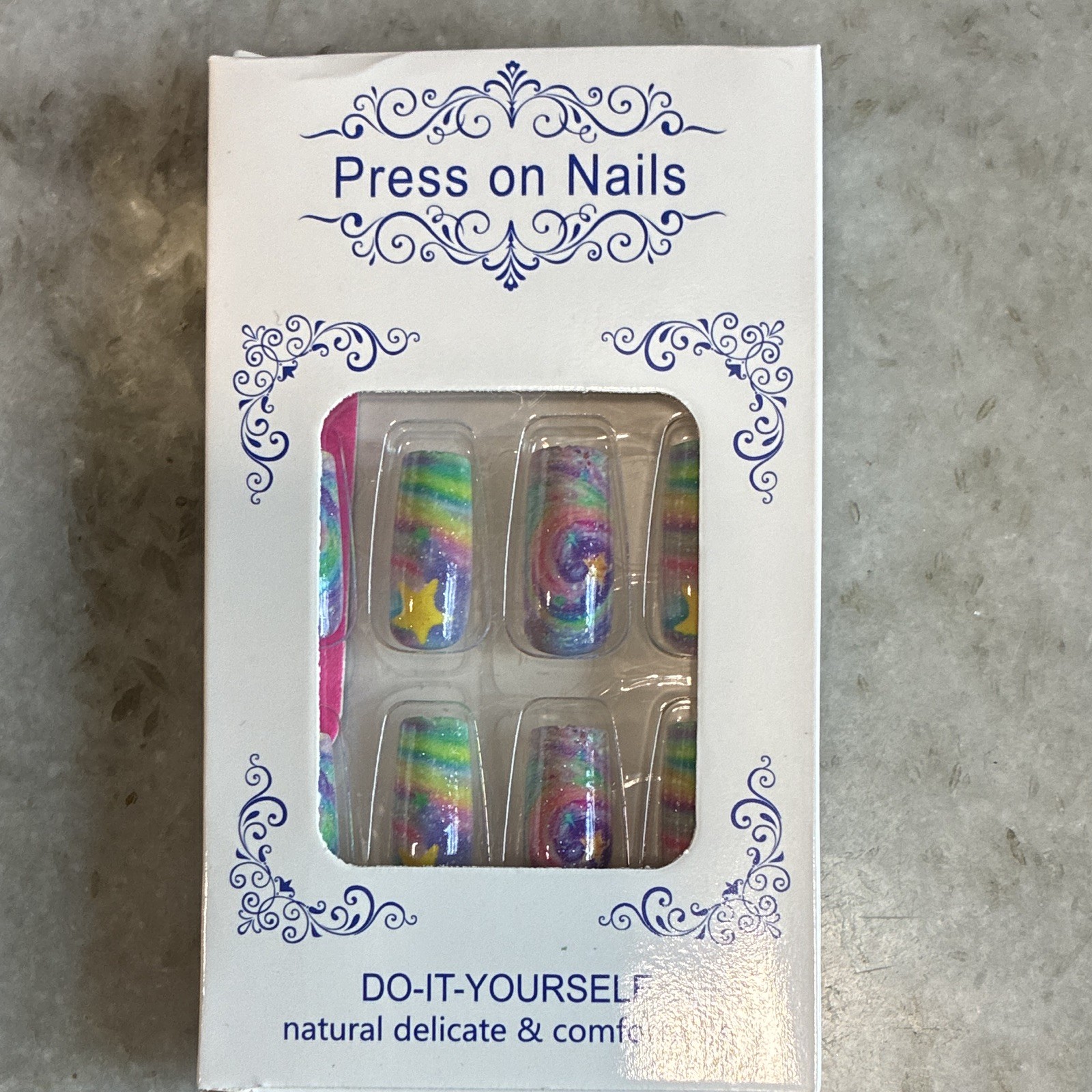 Press-On Nails Pre-Designed Medium Square Full Cover Glitter Rainbow Stars PVC