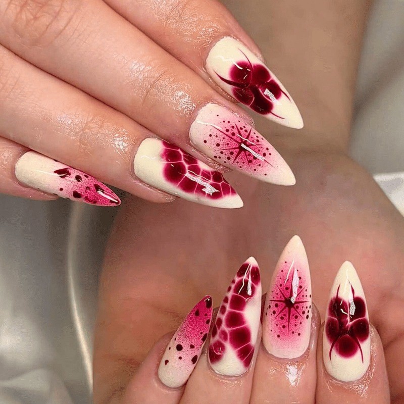 48 Pcs of Pink and White Painted Abstract Pattern Fake Nails – Removable Nails