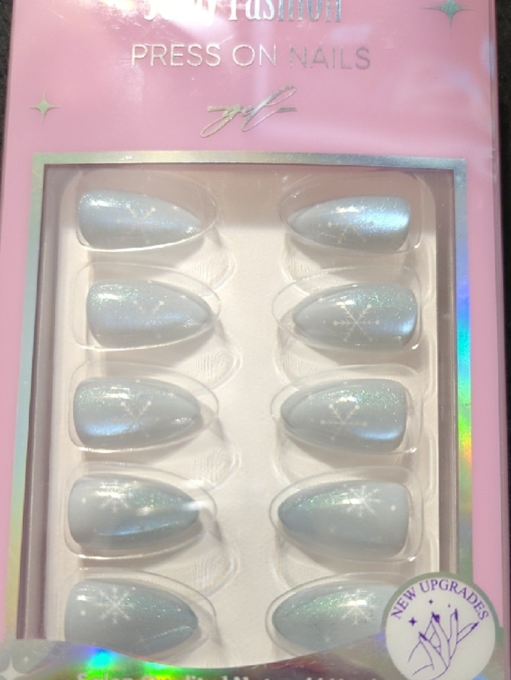 Jofay Fashion Pastel Blue With White Snowflake And Glitter – Press-On Nails