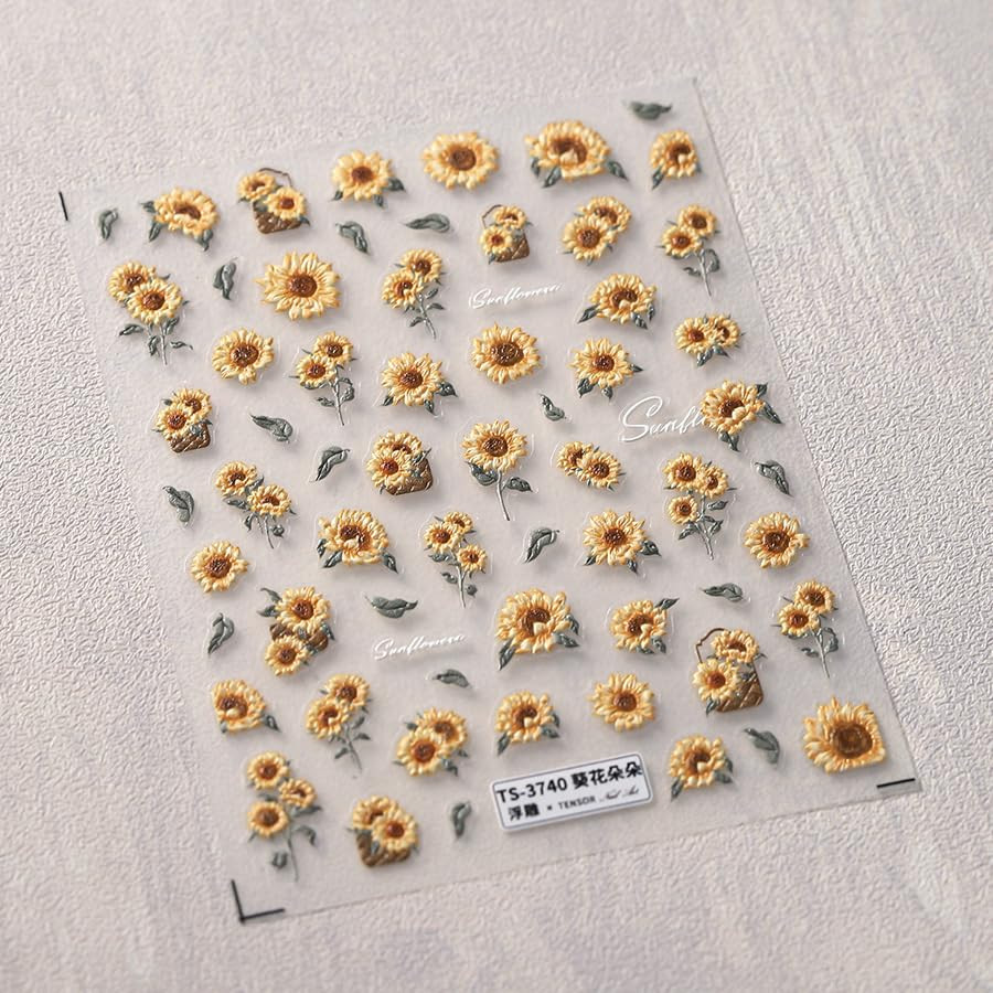Flower Nail Art Stickers 5D Embossed Sunflower Nails Sticker for Nail Art Self-A