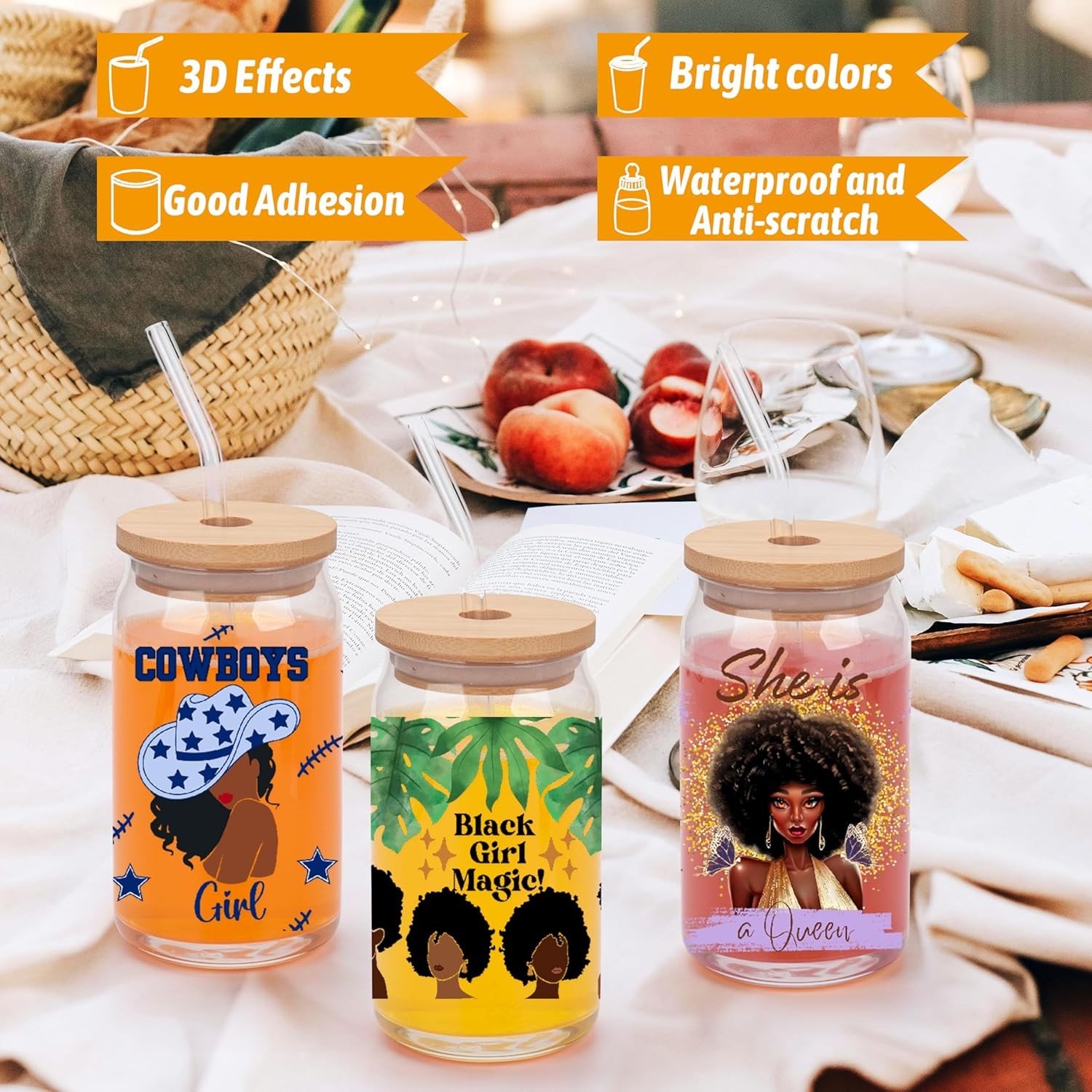 UV DTF Cup Wraps for Glass Cups 16 oz, 10 Sheets Cup Rub on Transfers for Crafts