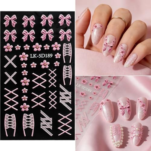 Bow Flower Nail Art Stickers 5D Embossed Nail Decals with Pearls Colorful-02