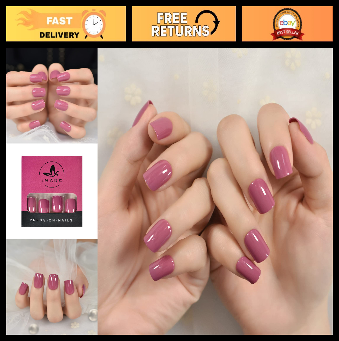 Pretty Rose Pink Square Press On Nails – Short Full Cover Reusable Acrylic 24pcs