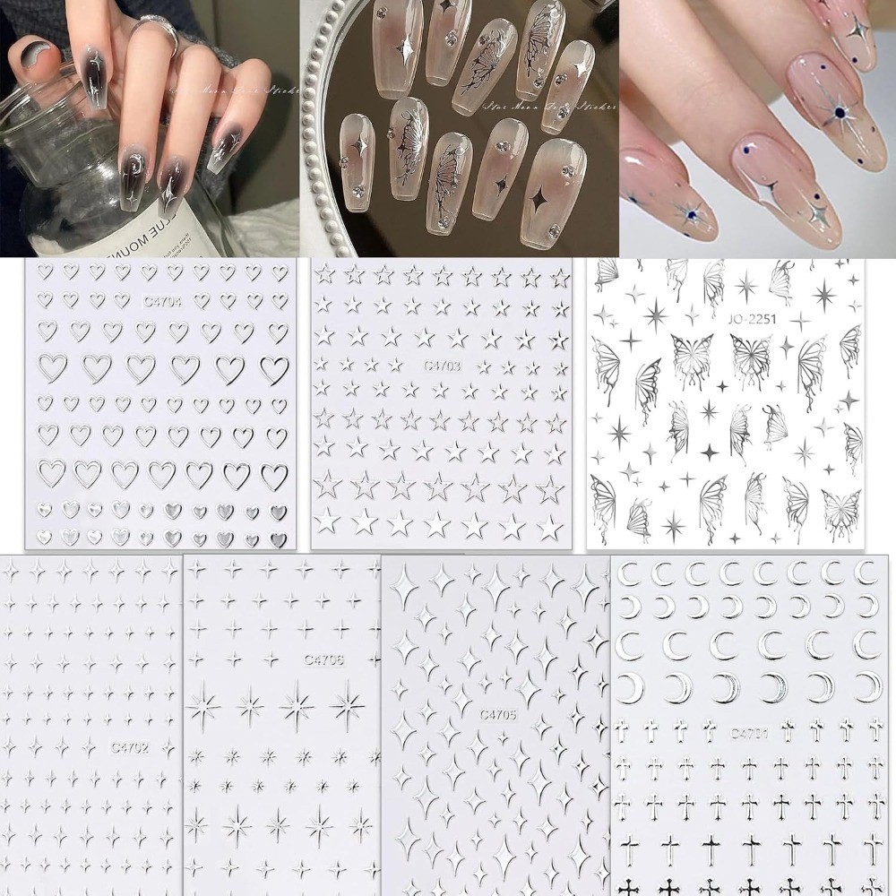 7 Sheets Metallic Silver Nail Stickers Nail Art for Women 3D Star Nail