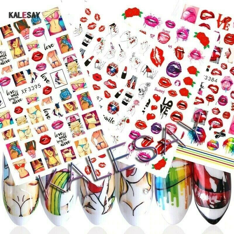 12 SHEETS Nail Art 3D Decal Stickers Sexy POP Lips Tongue Lollipop Rainbow NH10