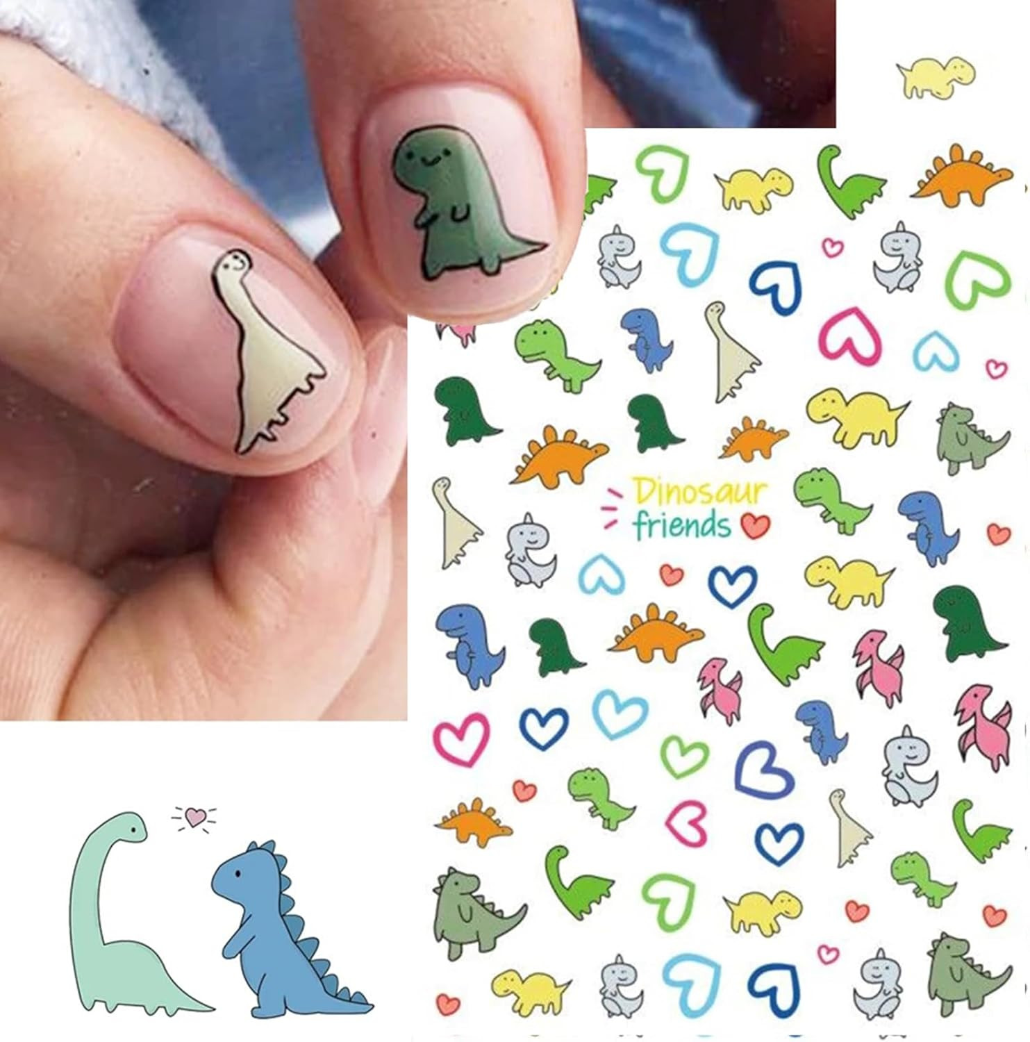 Dinosaur Nail Art Stickers for Kids- Cute Cartoon Designs, 3D Self-Adhesive Hear