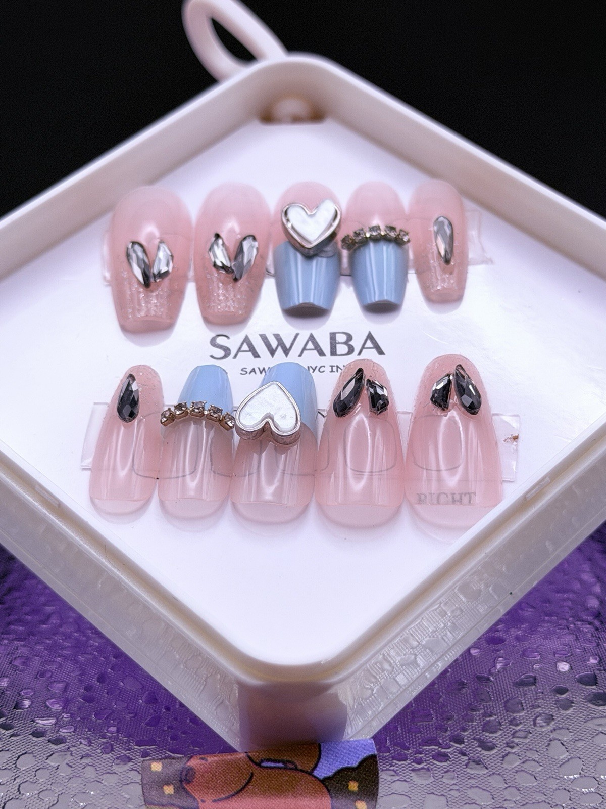 24 PCs Handmade Medium Length Coffin Nails Nude Pink Blue French, 3D Heart Charm