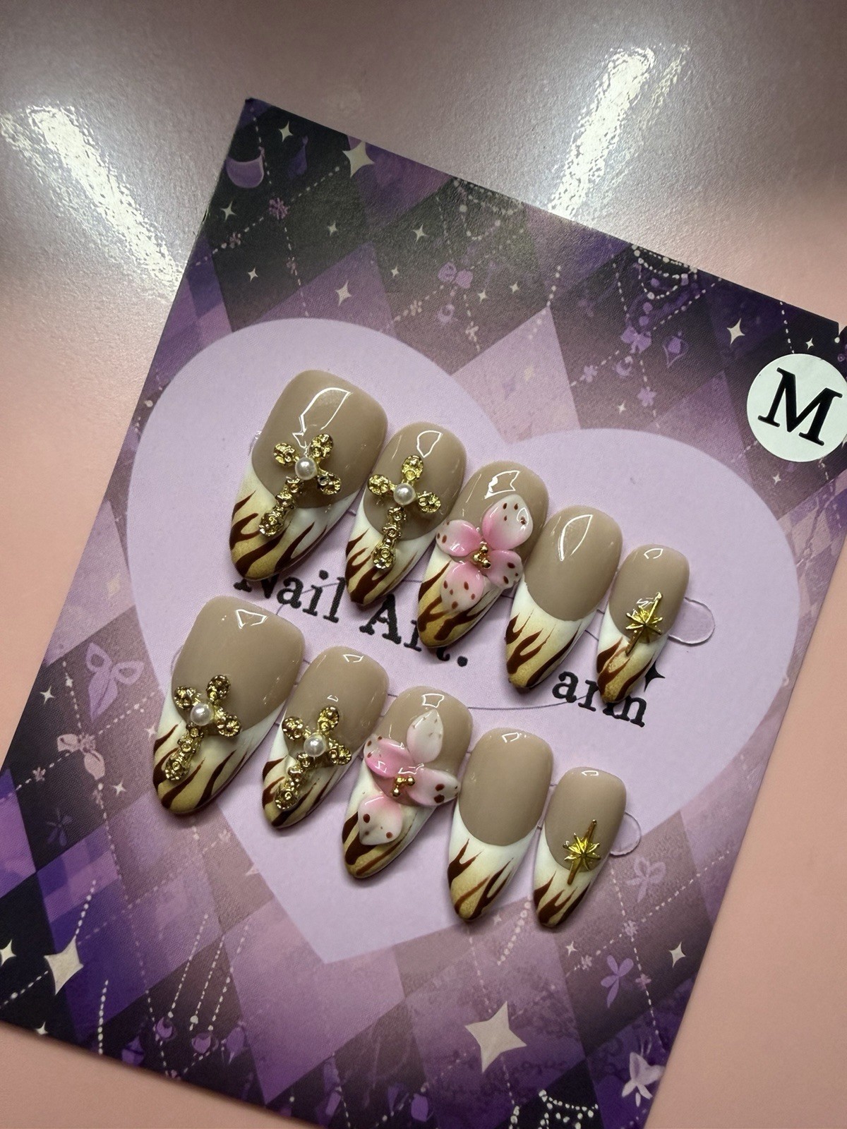 Nail Art Medium Almond Press-On Nails 3D Flower Beige Pink Gold Set
