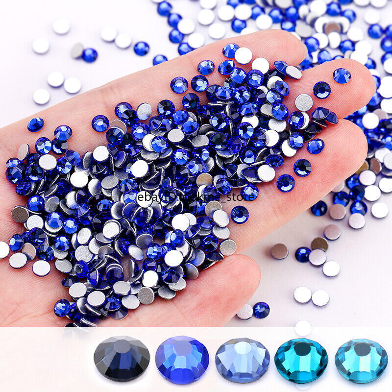 1440pcs Blue Glass Crystal Nail Art Rhinestones Flat Back Gems 3D Nail Tips Deco