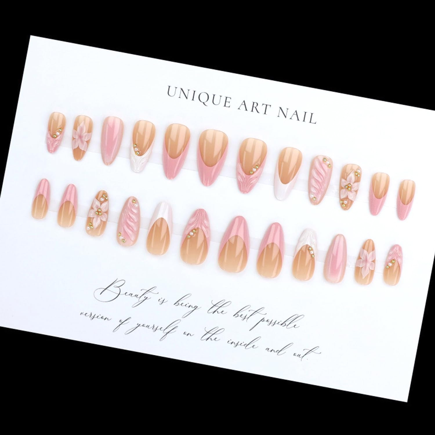 24Pcs Pink Flower Press on Nails Medium Almond French Tip Fake Nails with 3D Gol
