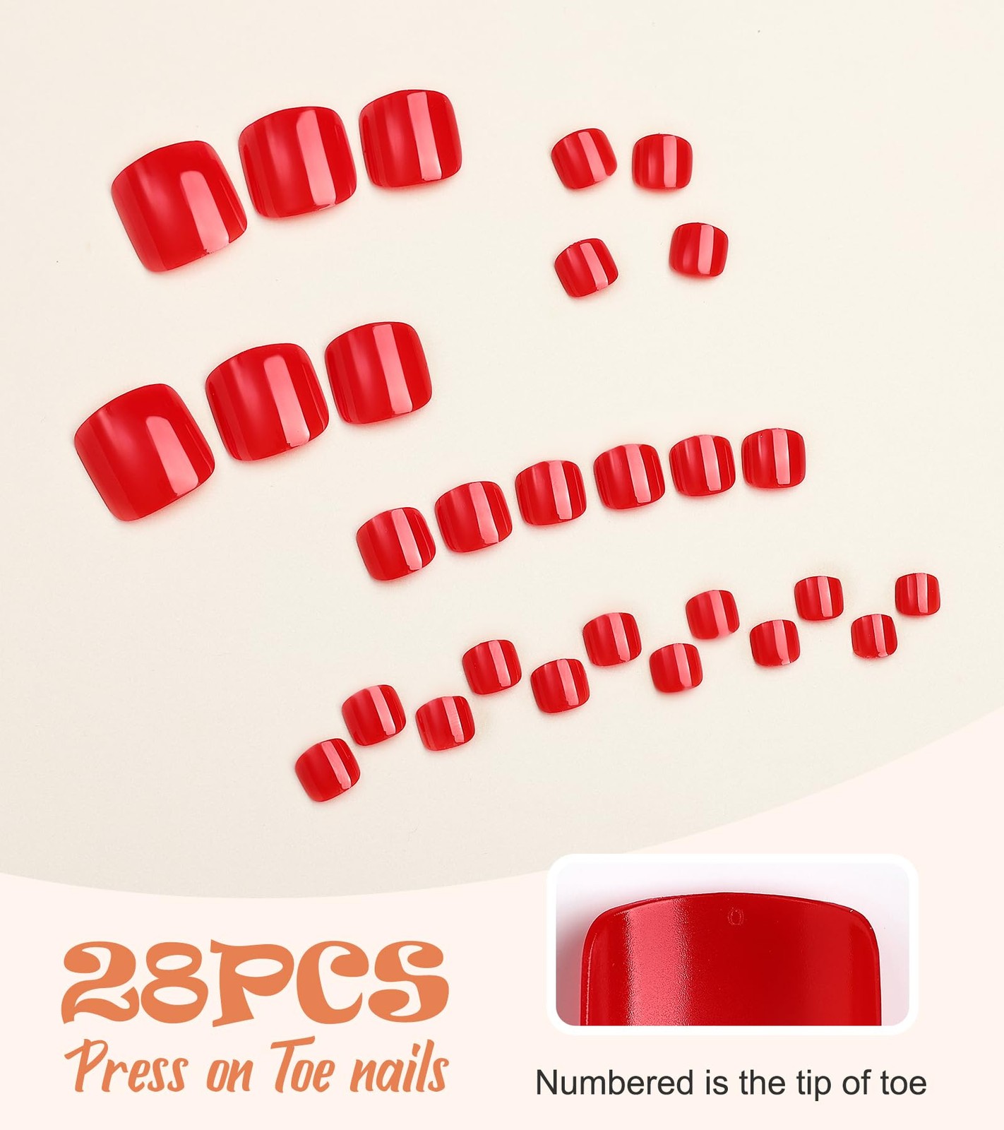 Morily Red Press on Toenails Short Square, Glossy Fake Toe Nails Summer False…