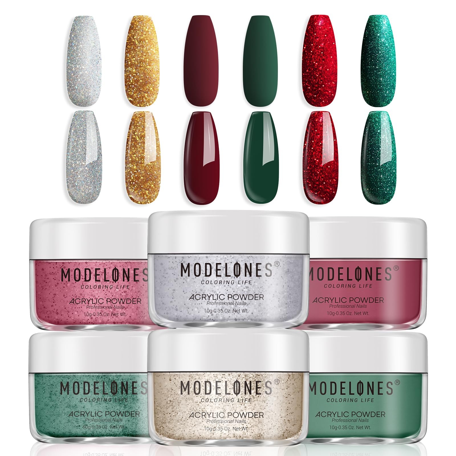 Christmas Colors Acrylic Powder Kit – 6 Colors Golden Glitter Yellow Green Da…