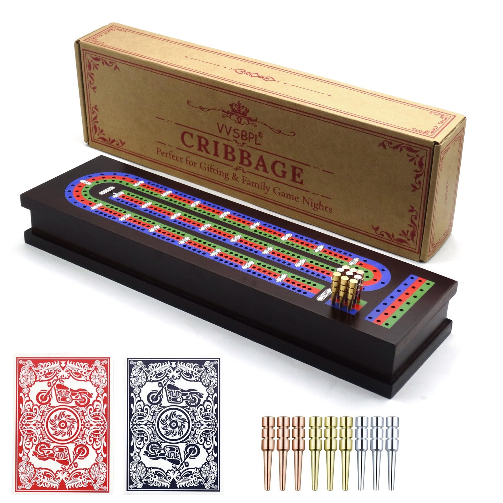 VVSBPL Wooden Cribbage Board Game Set with 15.5 x 4.5 x 2.1 inches, Brown