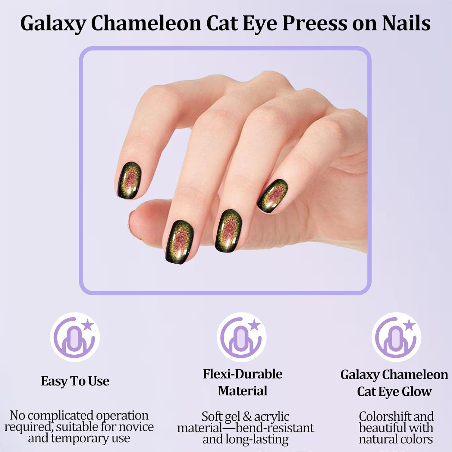 210Pcs Cat Eye Press on Nails for Women 7 Colors Glossy Glitter Black Hole Short