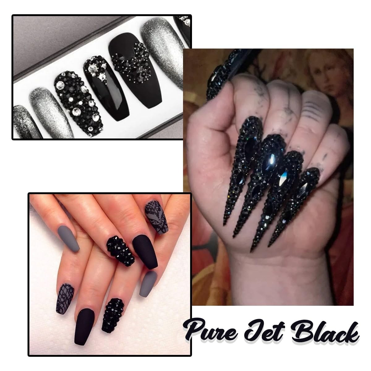 4 Boxes Jet Black Nail Rhinestones and Glitters 24 Shapes K9 Glass Flatback G…