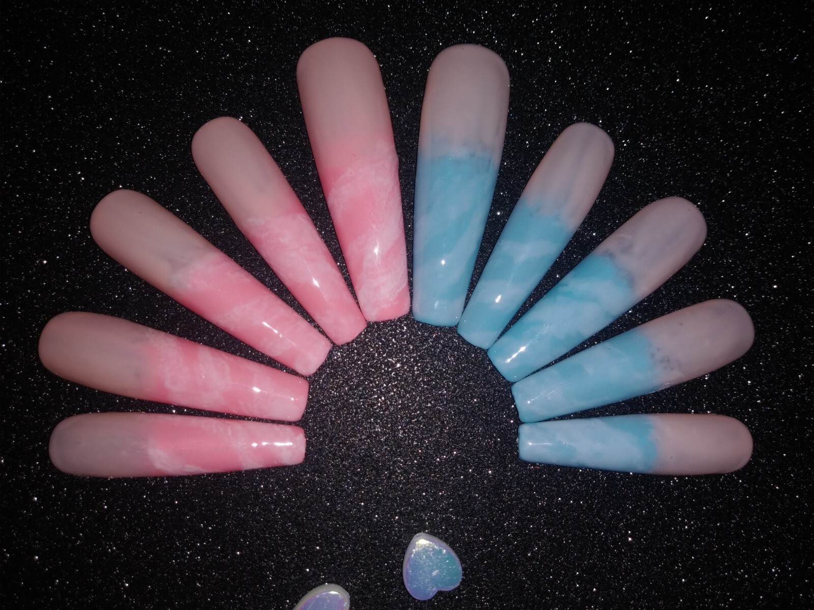 XL PRESSONS Ballerina / French Tip / Glossy / Pink Blue Nude Gender Reveal Nails