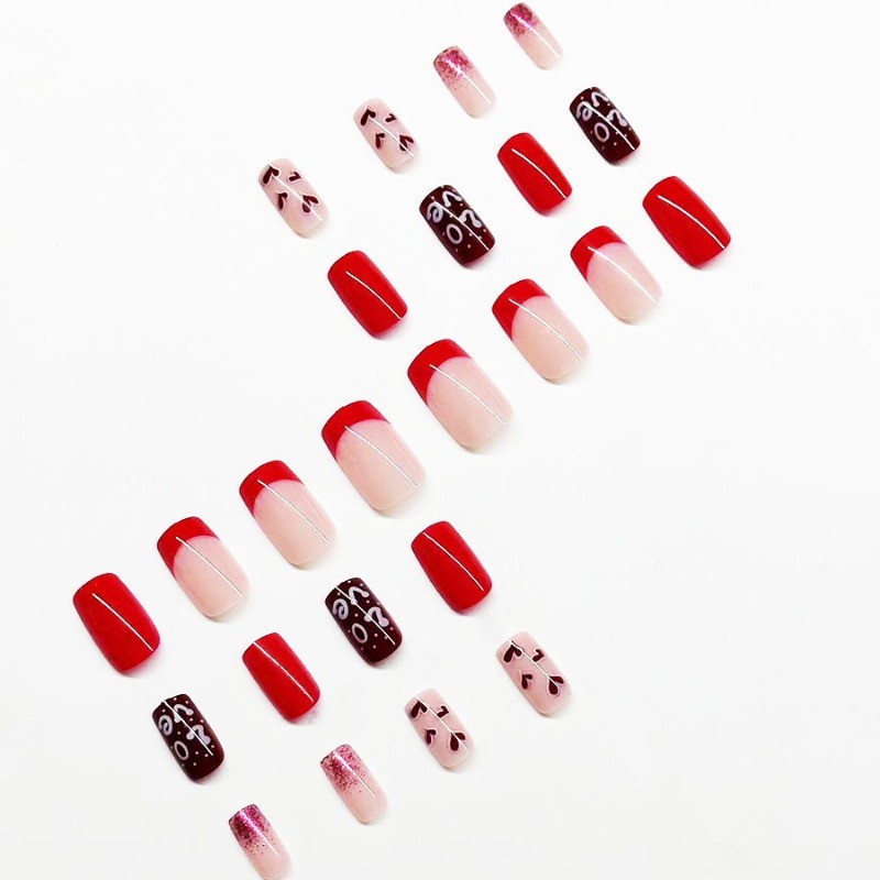 Cute Love Themed Press on Nails with Heart Prints, “Love” Lettering and Sparkle