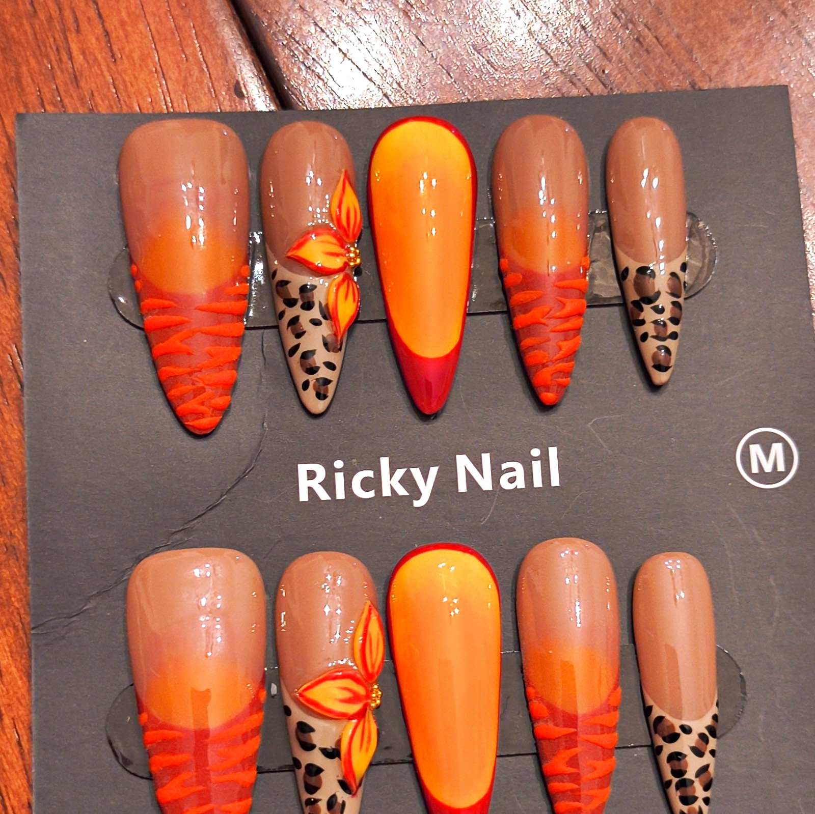 Ricky Nail Press-On Nails Long Coffin Orange Nude Leopard Shiny Full Cover Med