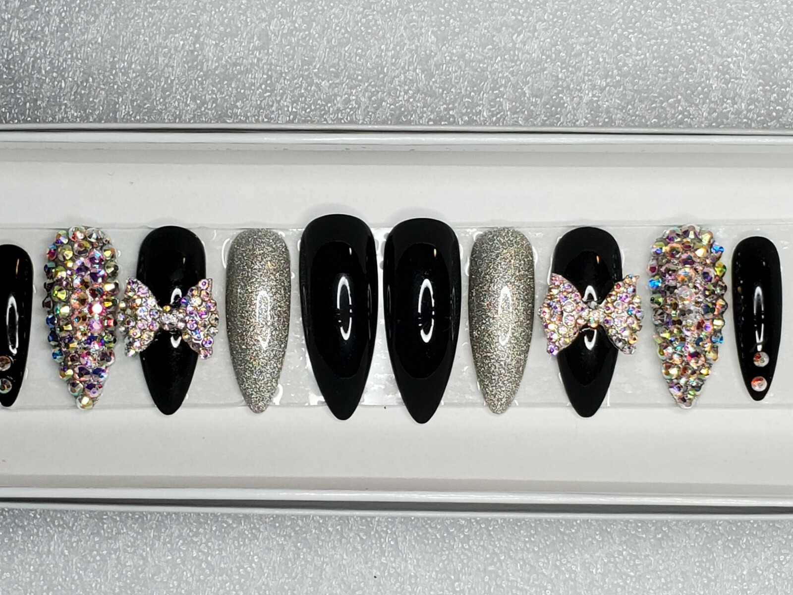Black holographic glitter bling press on nails holo diamond crystal stiletto