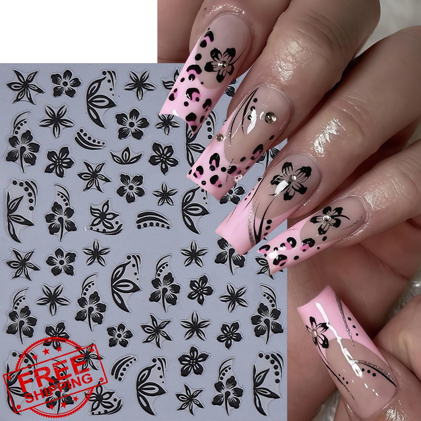 6 Sheets Flower Nail Stickers Hibiscus Nail Decals Gold Silver Black Hibiscus…