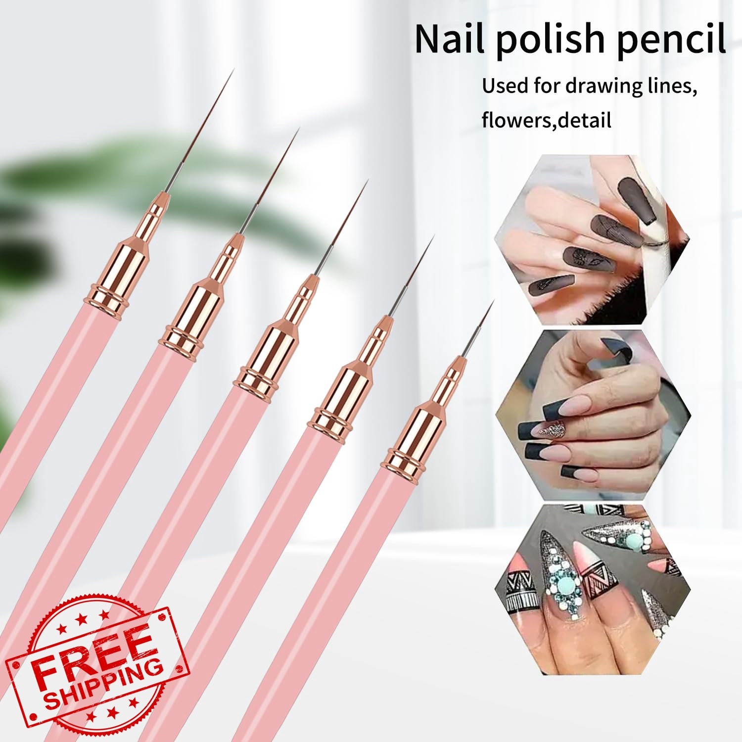 DAIXIANGER 5PCS Nail Liner Brushes Pink 6-18mm