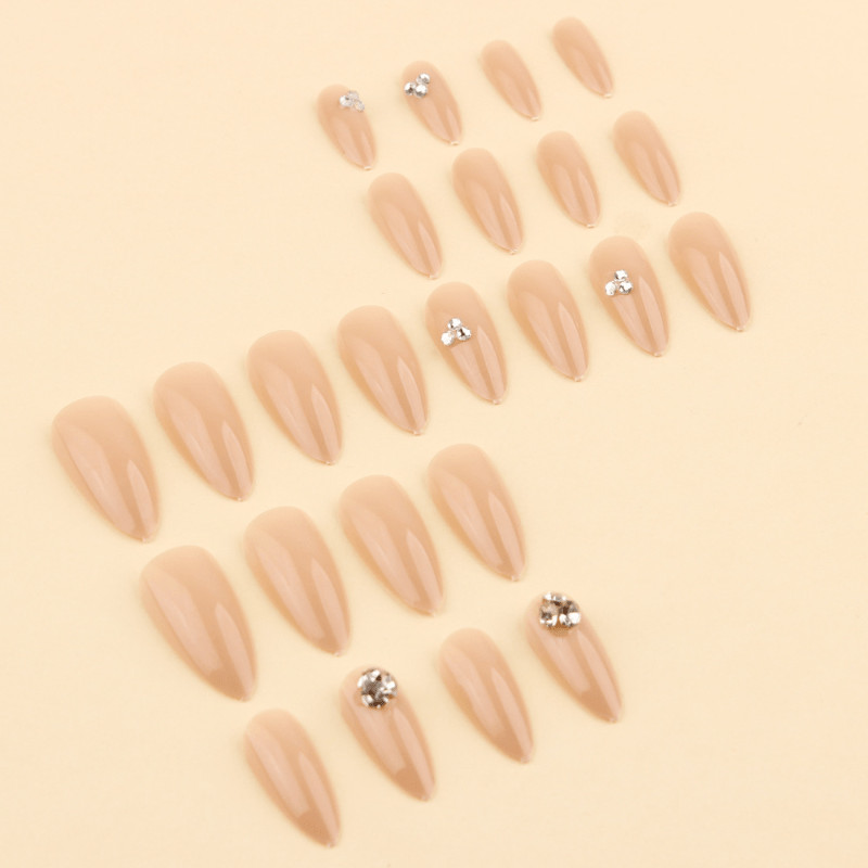 48pcs Short Almond Press on Nails, Nude Clear Single Rhinestone Elegant Nails