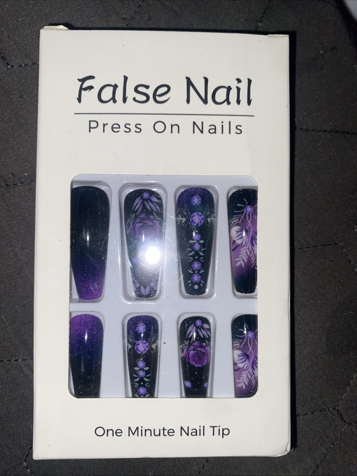 Deep Purple Floral Long Coffin Nail Tips 24pcs Goth Dark Boxed Nails GLUE & Tabs