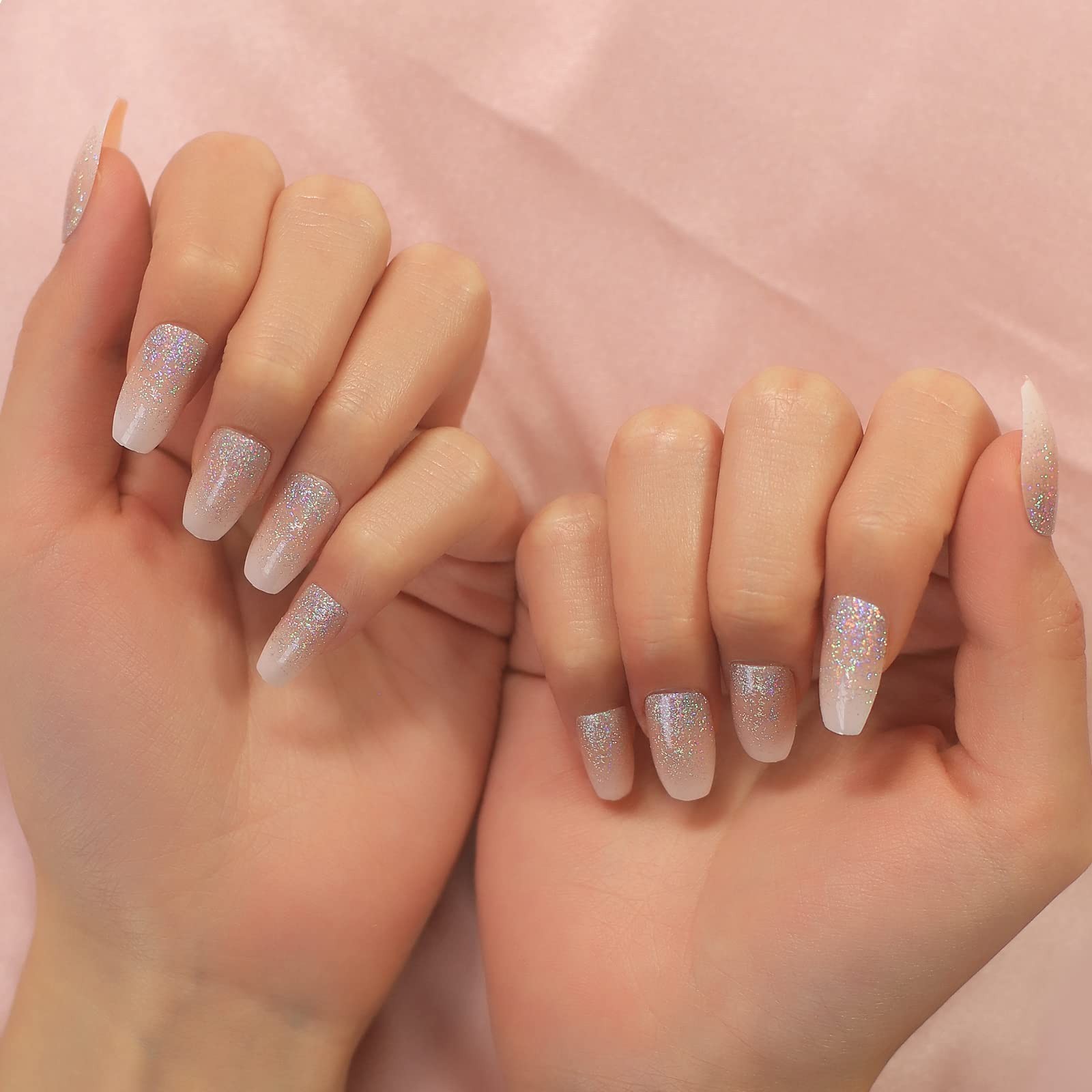Glossy Nude Pink Gradient Press on Nails, Medium Length Coffin False Nails, B…