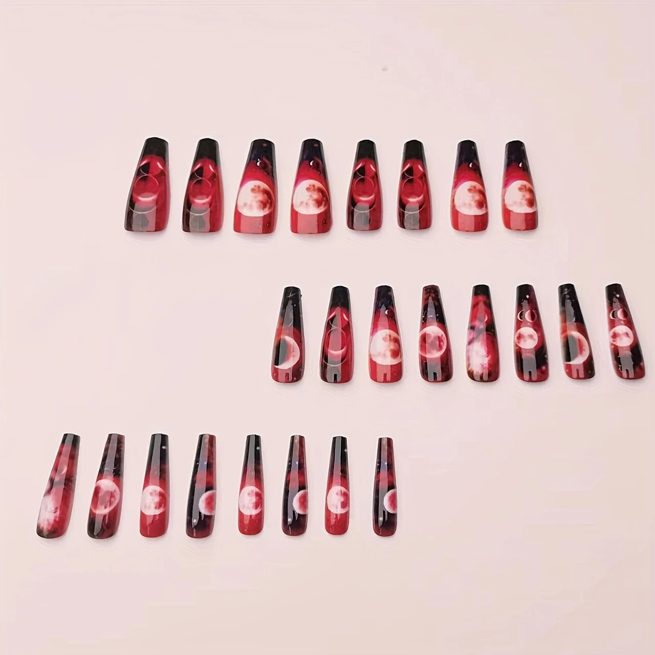 24Pcs Red/Black Ballet-Shaped Long Press-on Nails, Glossy Moon Design