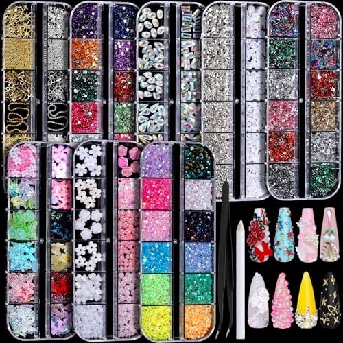 Nail Charms, Nail Rhinestones Kit with 8 Boxes of Nail Gems Multi Shape