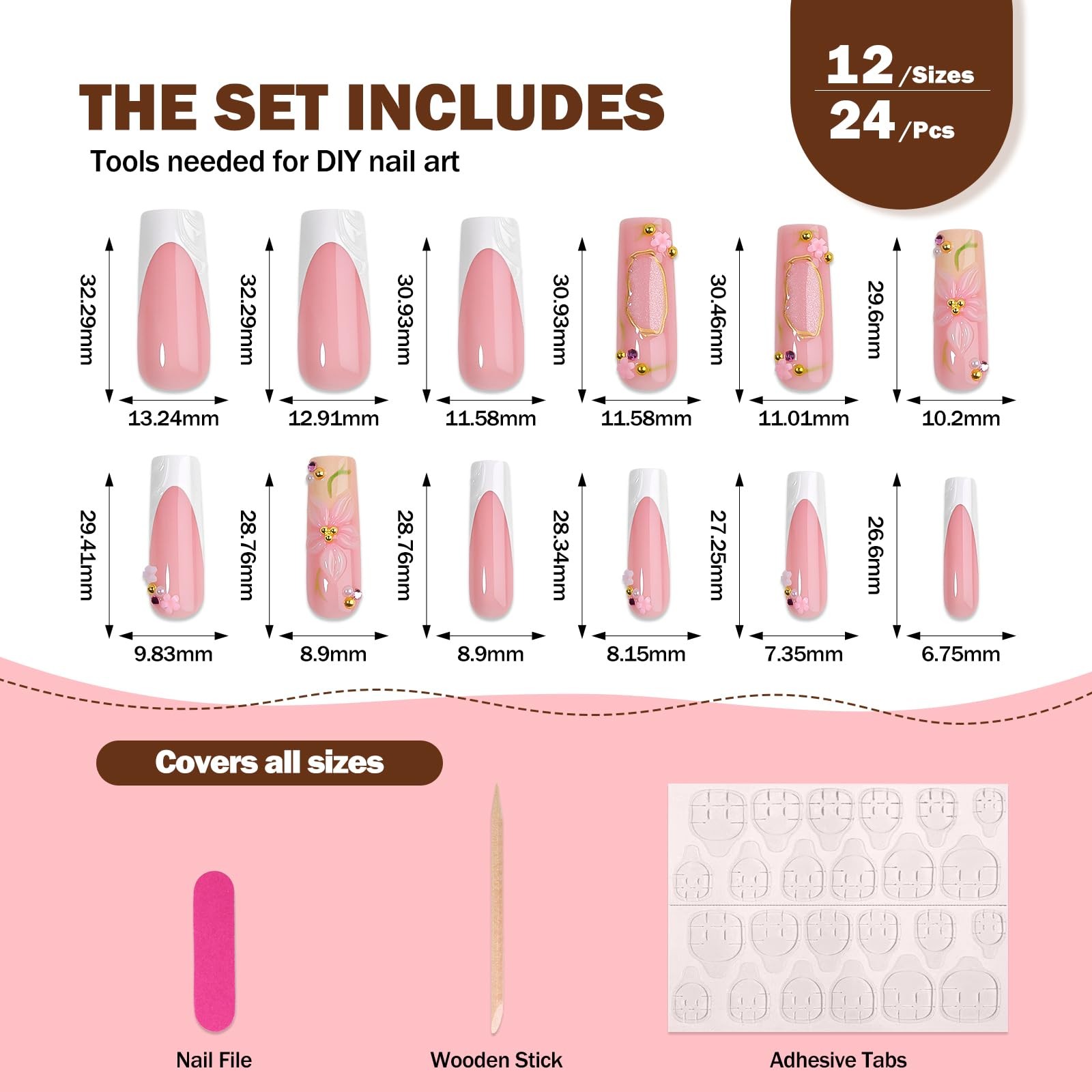 Long Press on Nails Square Press Ons White French Tip Fake Nails with 3D Whit…