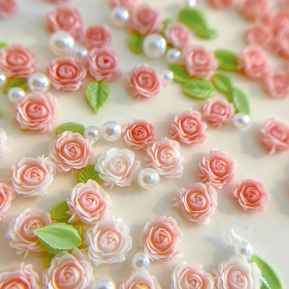 30pcs 3D Mixed Size Pearl Resin Flower Rose Nail Charms Pink Rose Red Nail Art