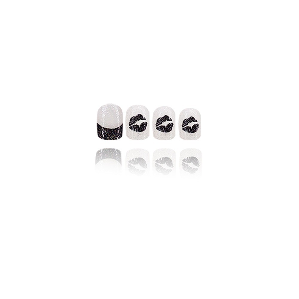 24pcs-Black Glitter French Press on Nails, Short Square Kiss Lips Fake Nails