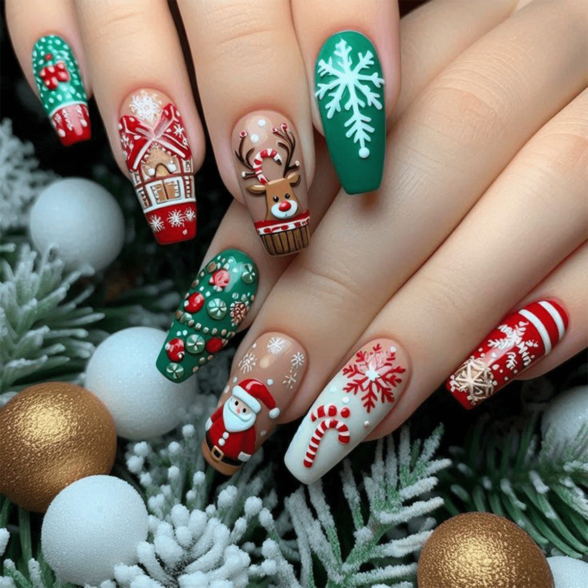 48PCS Christmas Press on Nails Medium Square Santa Tree Festive False Nails