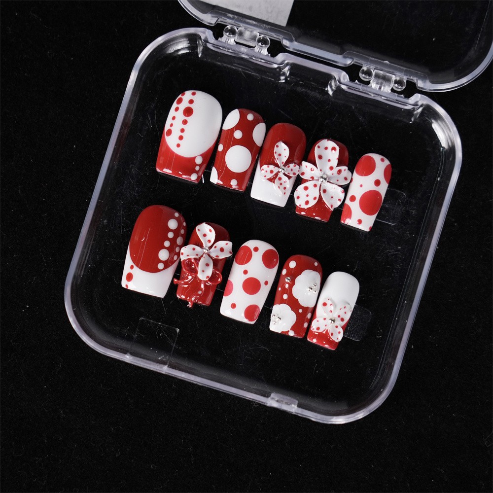 Handmade Red White Polka Dot Press on Nails Bow Floral Lovely Fake Nails