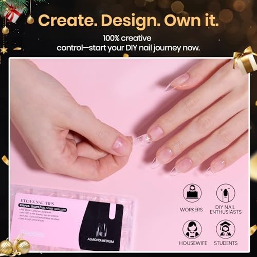 Medium Almond Nail Tips 576pcs – Pre-Etched Soft Gel, Half Matte Full Cover, Cle