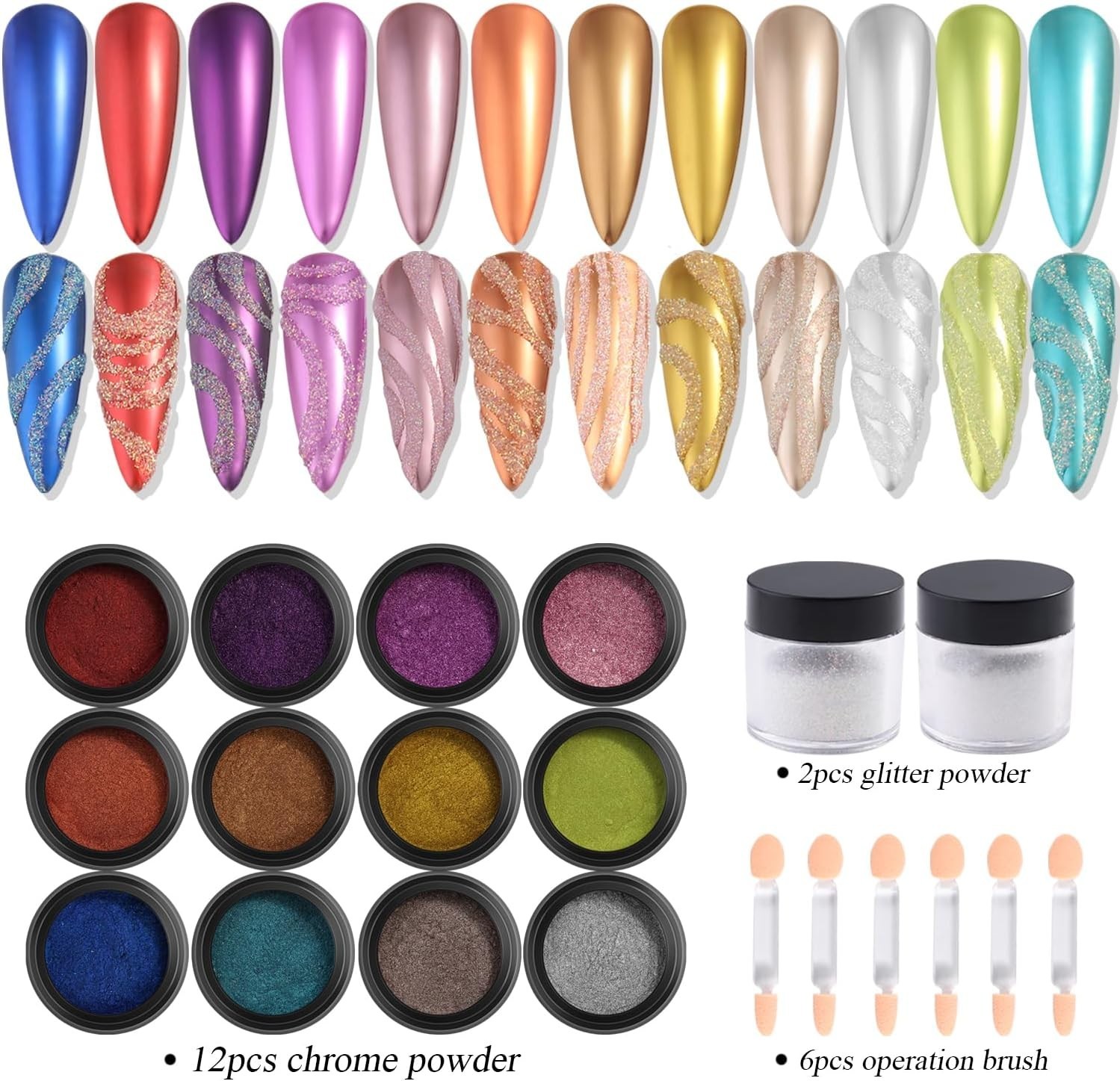 Set de Polvo Cromado para Uñas 14 Colores Efecto Metalizado y Holográfico