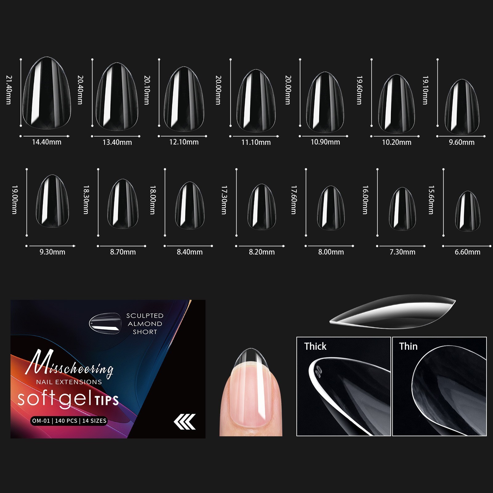 Almond/Coffin/Stiletto/Square Soft Gel Nail Tips S~XXL Sizes Clear False Nails