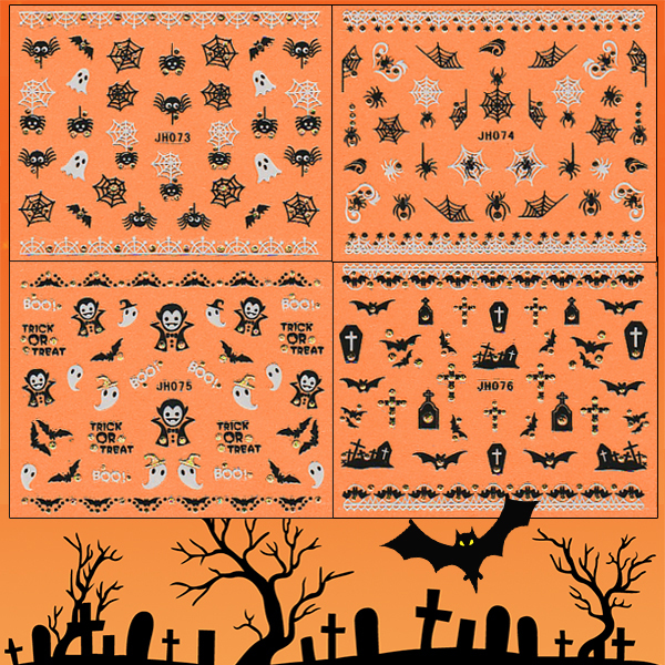 Halloween ! Nail Art Stickers Self-adhesive 3D Gold Pumpkin Vampire Spider Skull