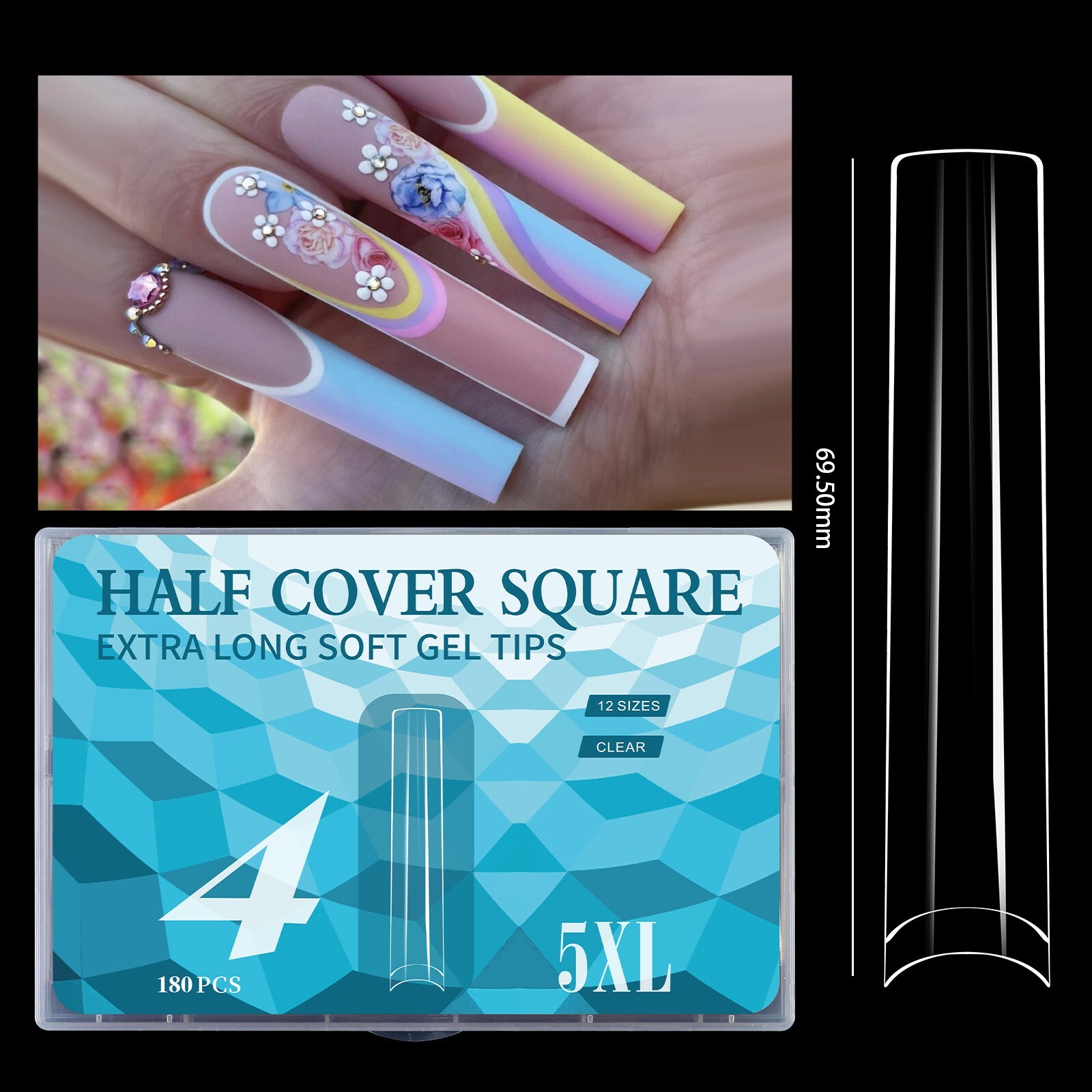 180pcs 5XL Extra Long Coffin/Stiletto/Square/Ballerina Soft Gel Nail Tips Clear