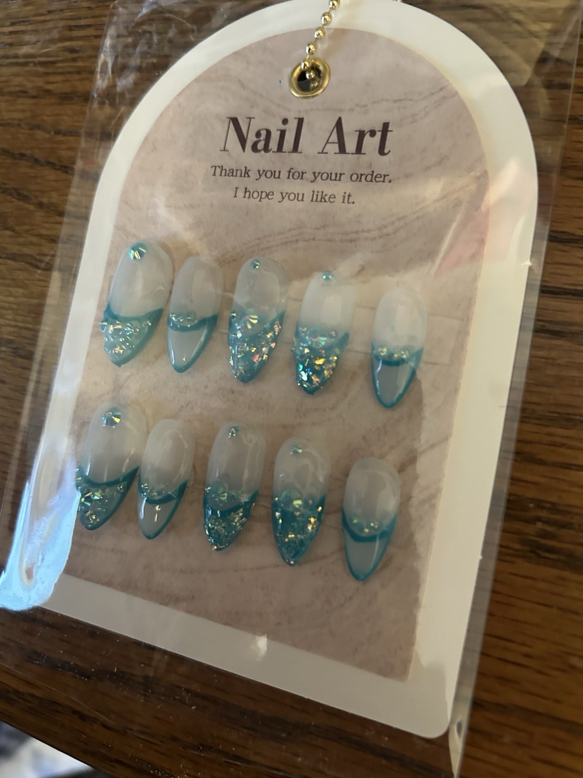 Z NAILZ! Handmade M Almond Milky White W/Turquoise French Nail & Stones Press On