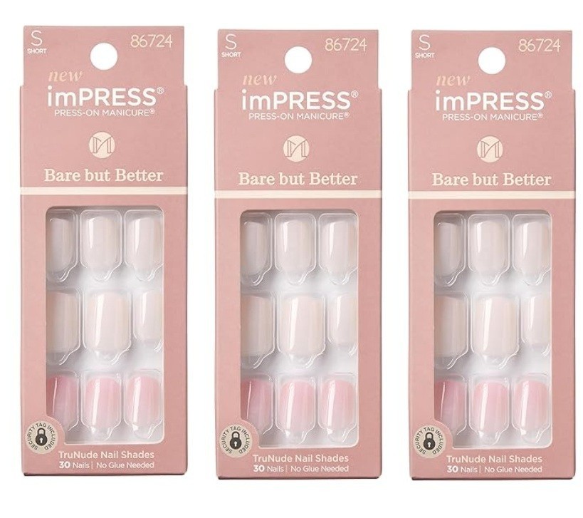 (Pack 3) KISS imPRESS Bare but Better Press-on Nails, Effortless Finish, Short