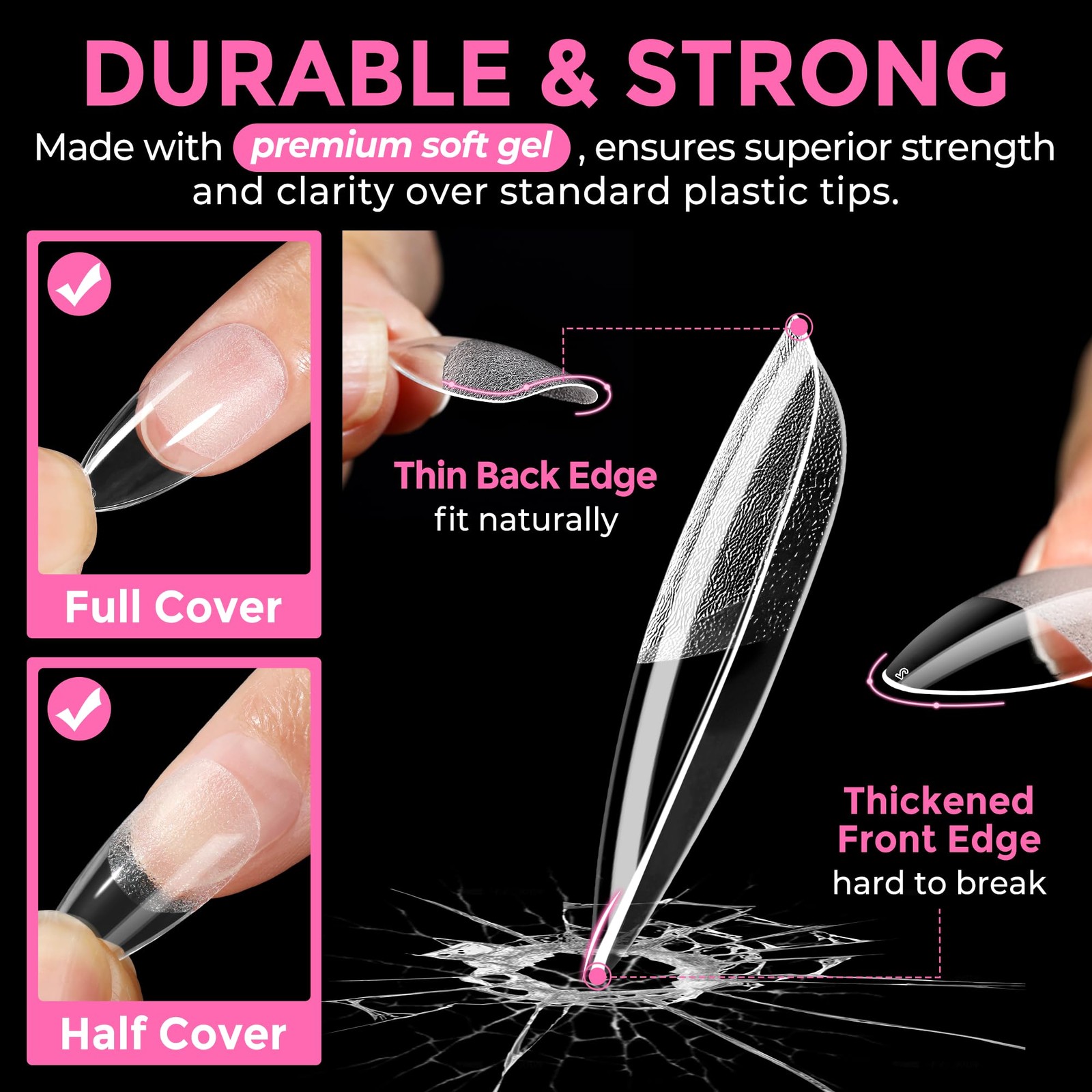 216pc Clear Medium Almond Nail Tips Full Cover Gel Press on Nails 12 Sizes DIY