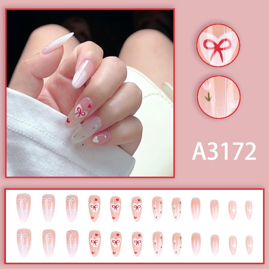 48 Pcs Bow Heart Press on Nails, Medium Almond Pink Gradient Cute Fake Nails