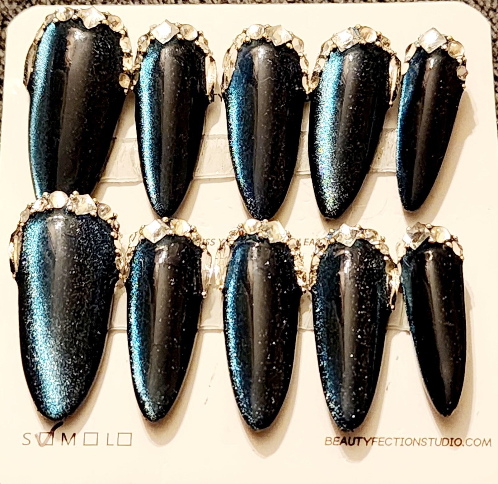 Long Blue Cats Eye Almond Press on Nails With Glue Tabs Bling Reusable New Small