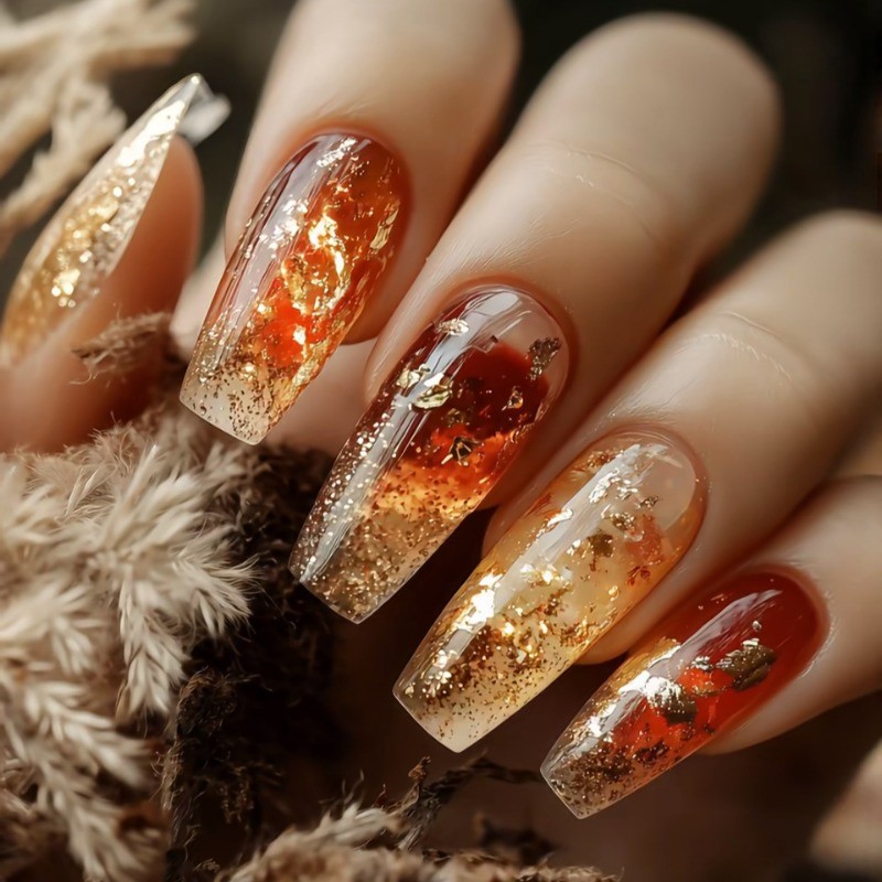 48Pcs-Autumn Gold Press on Nails Long Coffin Nail Art Amber Gradient Finish