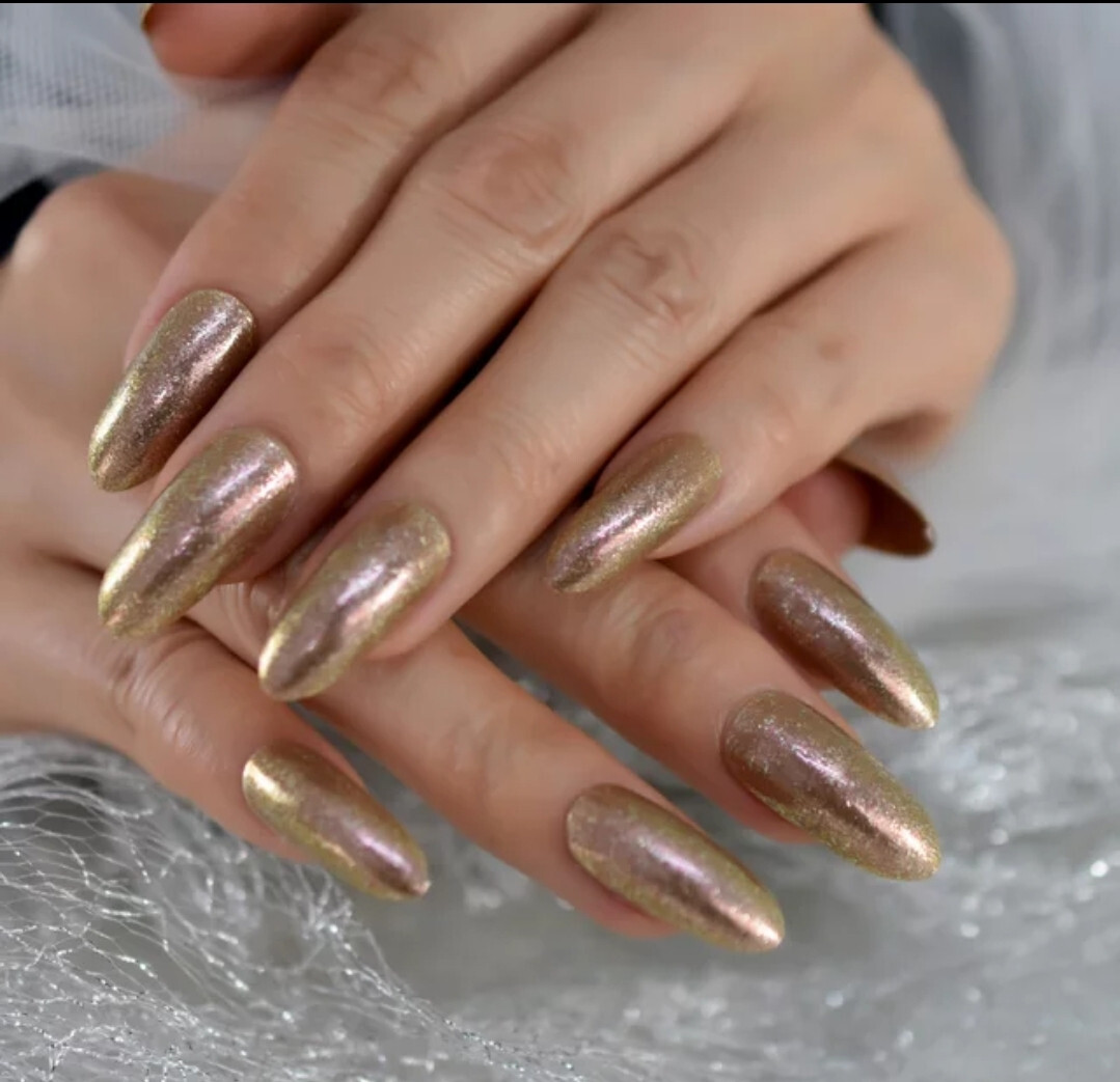 24 Press on nails kit w glue Long oval almond champagne glitter gold bronze rose
