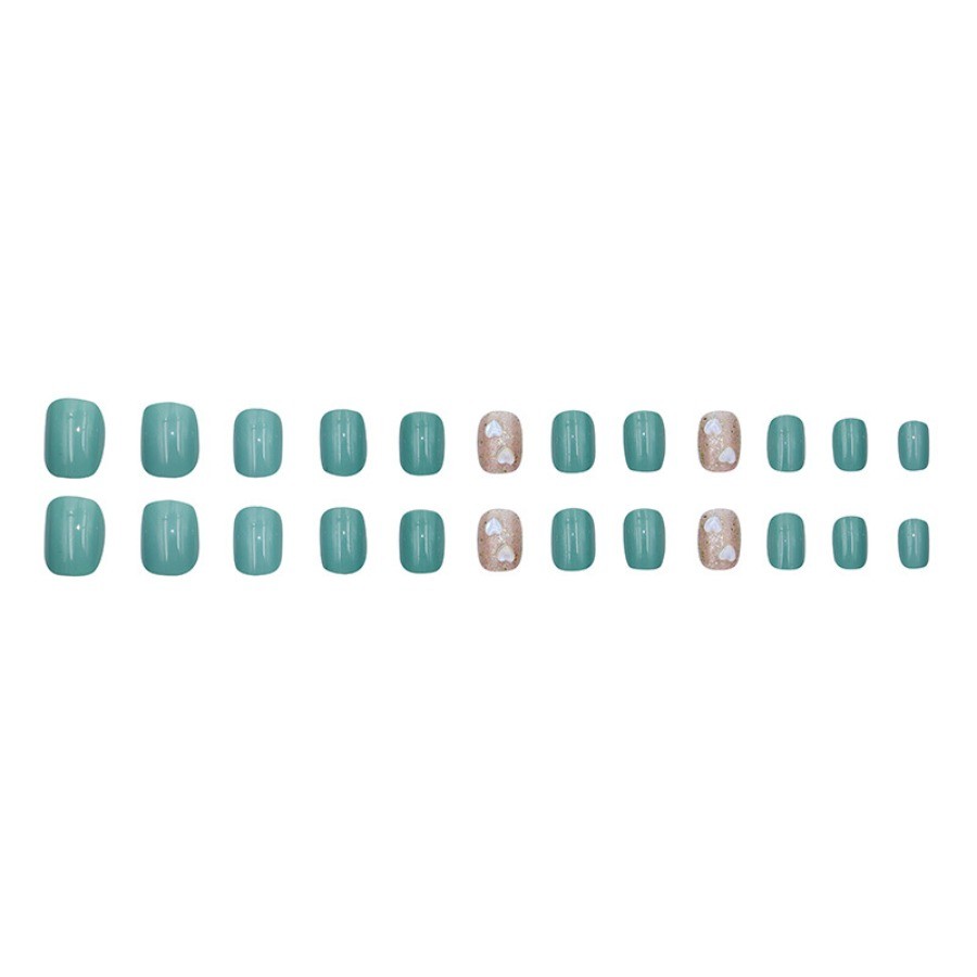 48Pcs Short Square Press on Nails, Mint Green Nails with Heart Rhinestone Decor