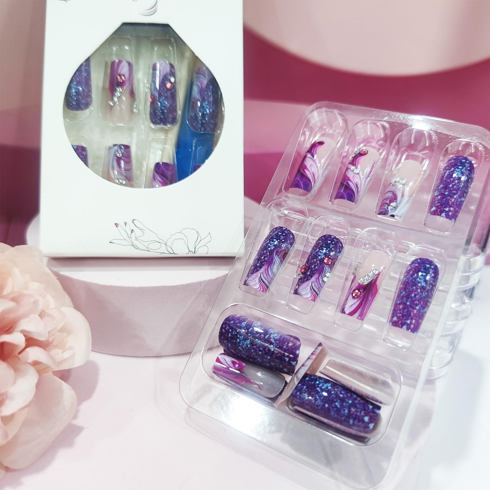 Purple Curve Line Press on Nails Glossy Red Gradient Stick on Nail Starry Sky…