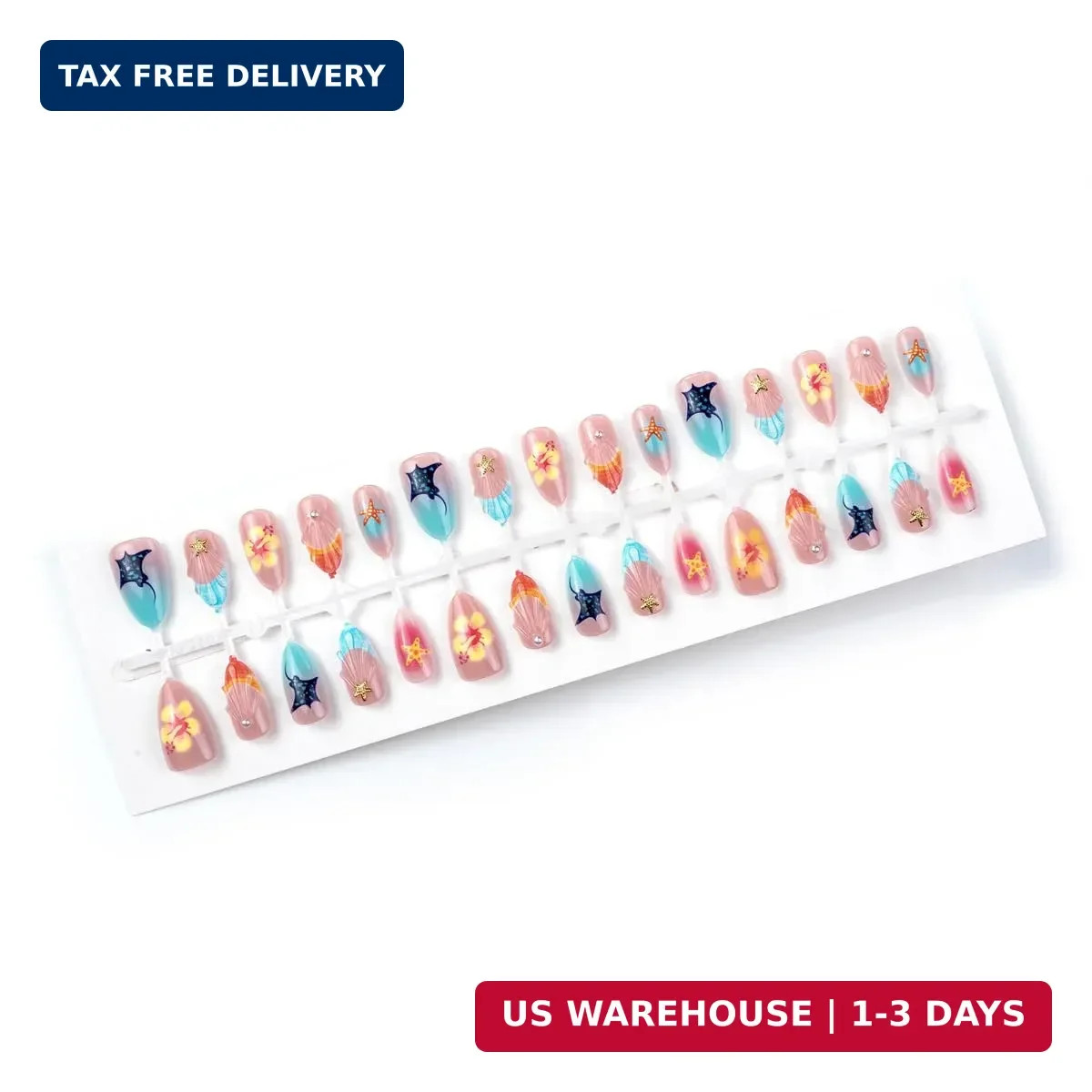Summer Press on Nails – Short Almond Fake Nails with Seashell,Starfish Design,Co